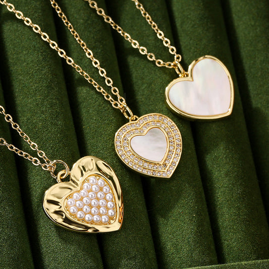 Minimalist Heart-Shaped White Abalone and Zircon Pendant Necklace for Women with Copper Chain