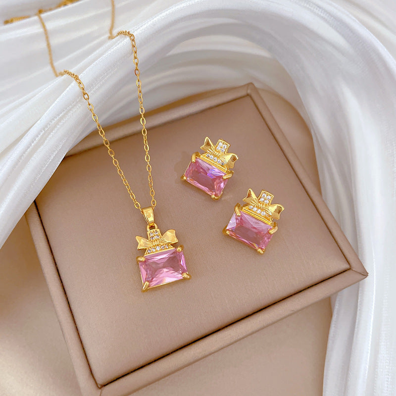 Elegant Titanium Steel Butterfly Perfume Bottle Necklace and Earrings Set with Rhinestone Inlay for Women Formal Events