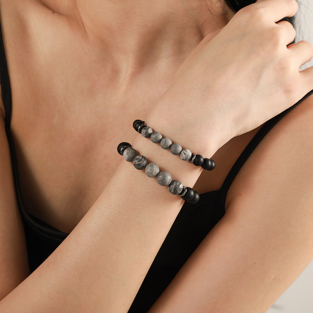 Ethnic Round Black Agate Ball Chain Bracelet Unisex