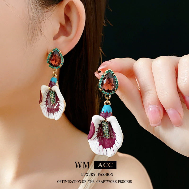 Vintage Chic Floral and Geometric Drop Earrings with Enamel Finish in Alloy with Stainless Steel Posts