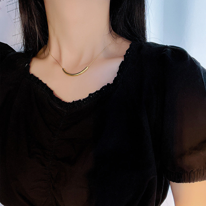 Minimalist Smiling Curve Pendant Necklace in Titanium Steel with Plated Finish, Snake Chain, Unisex Geometric Locket Jewelry