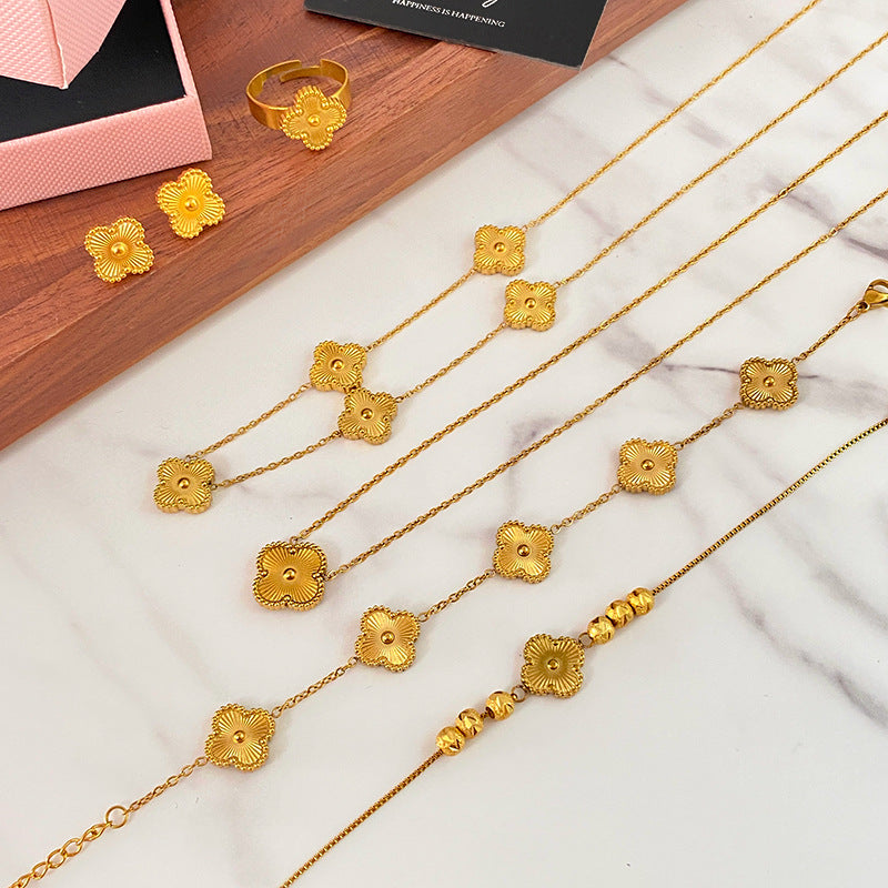 Laser Four-Leaf Clover Titanium Steel Plated Necklace Set Unisex
