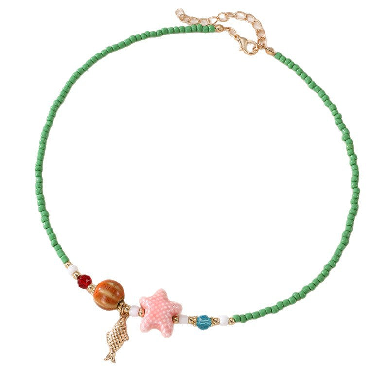 Collana Minimalista in Resina con Fiocco per Ragazze con Finitura Dipinta, Ciondolo a Stella Marina a Tema Spiaggia su Catena di Perline