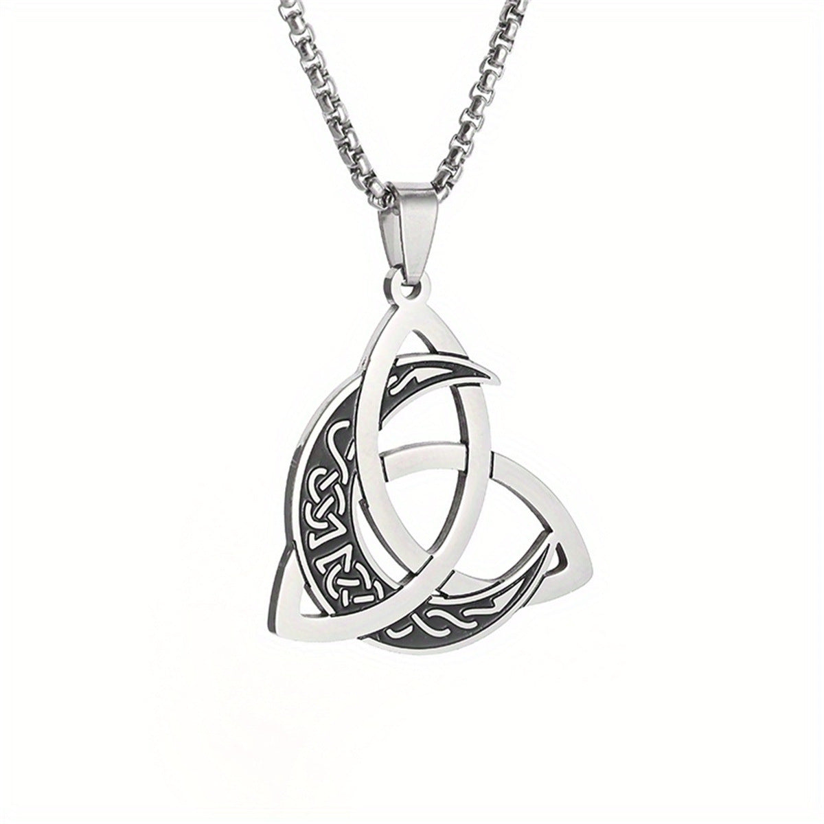 Vintage Viking Triangle Knot Moon Phase Pendant Necklace for Men and Women in Stainless Steel with Titanium Steel Charm and Electroplated Finish