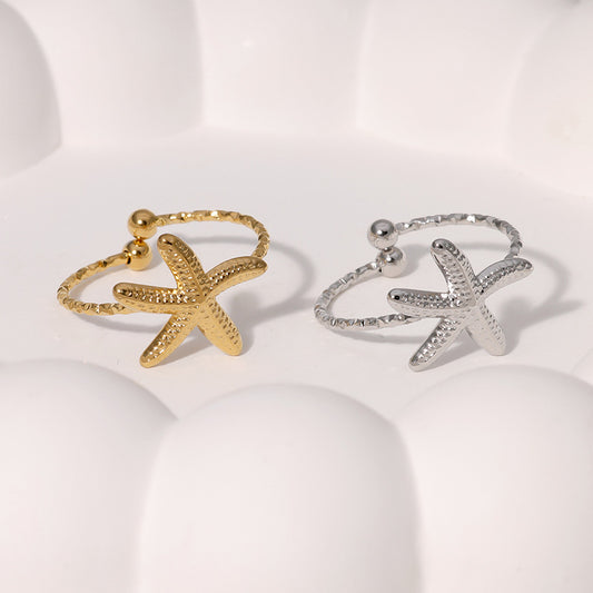 Anillo abierto minimalista con forma de estrella de mar de acero inoxidable para mujer con acabado chapado