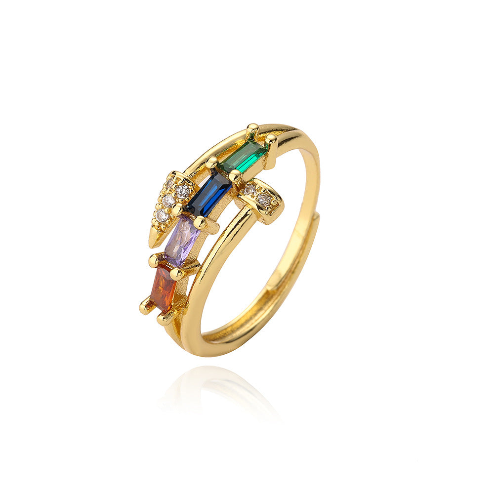 Fashion Minimalist Geometric Butterfly Leaf Floral Open Ring for Women in Brass with Real Gold Plating and Zircon Inlay