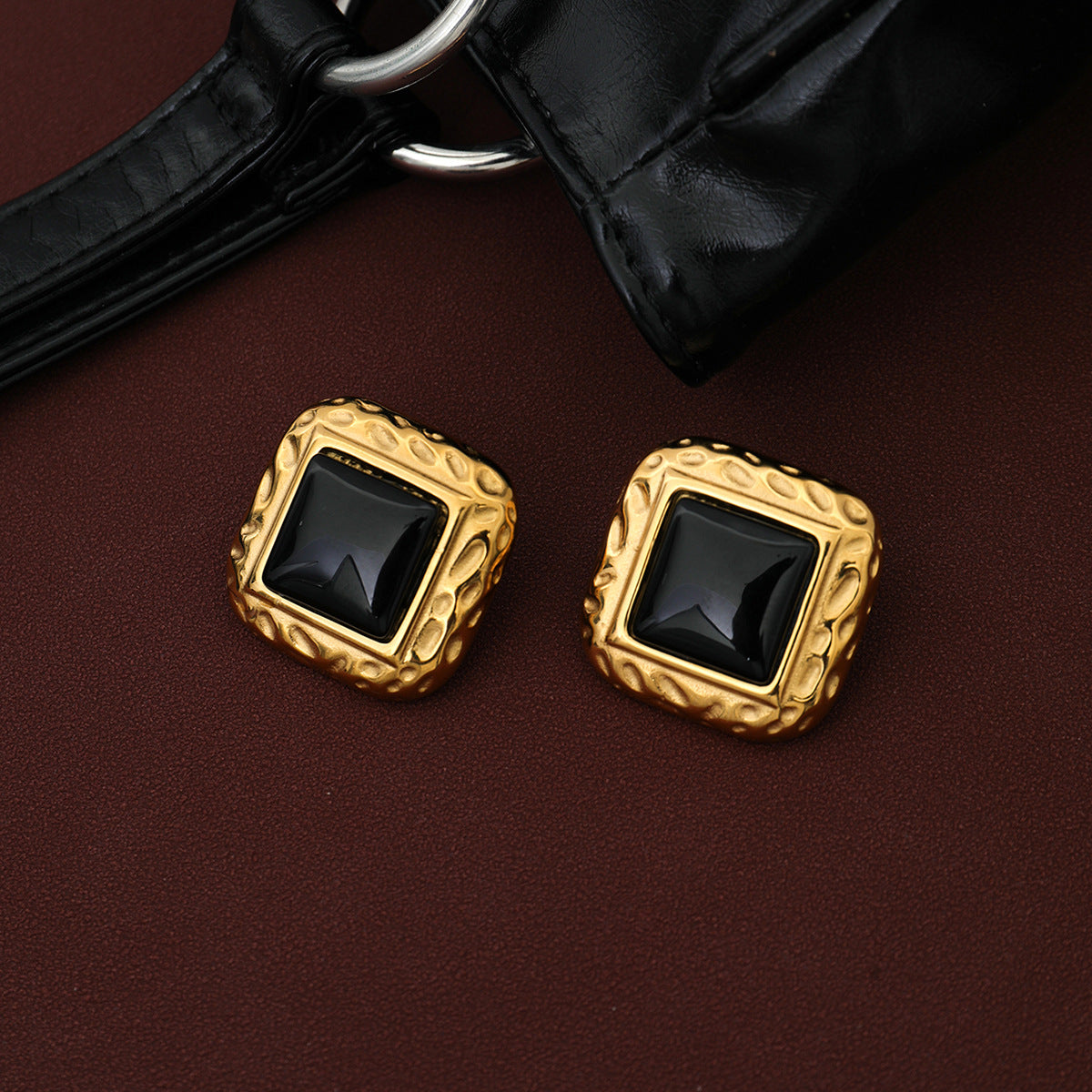 Vintage Square Geometric Hammered Stainless Steel Earrings PVD Plated