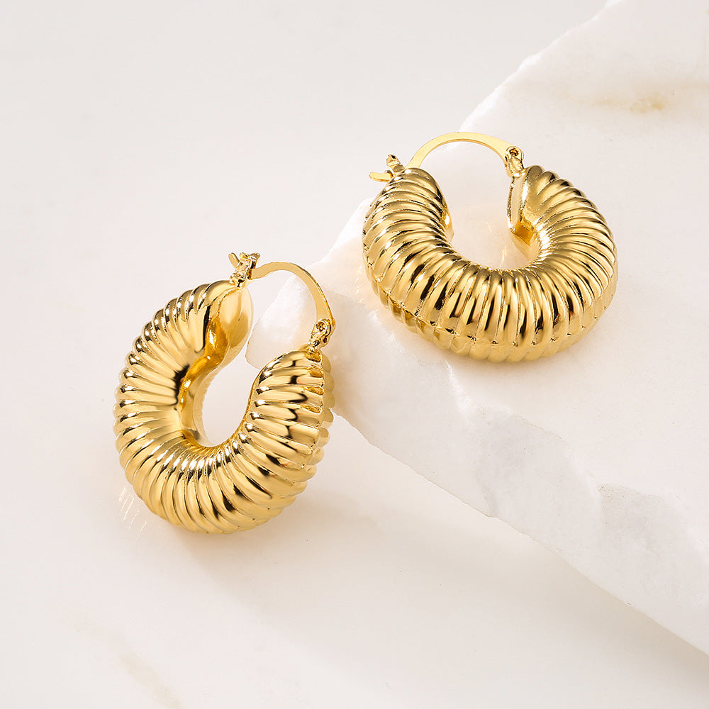 Vintage-Style Geometric Copper Hoop Earrings with Real Gold Plating for Women