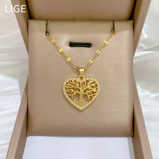 Luxury Titanium Steel Heart Tree of Life Rhinestone Collar Chain Necklace