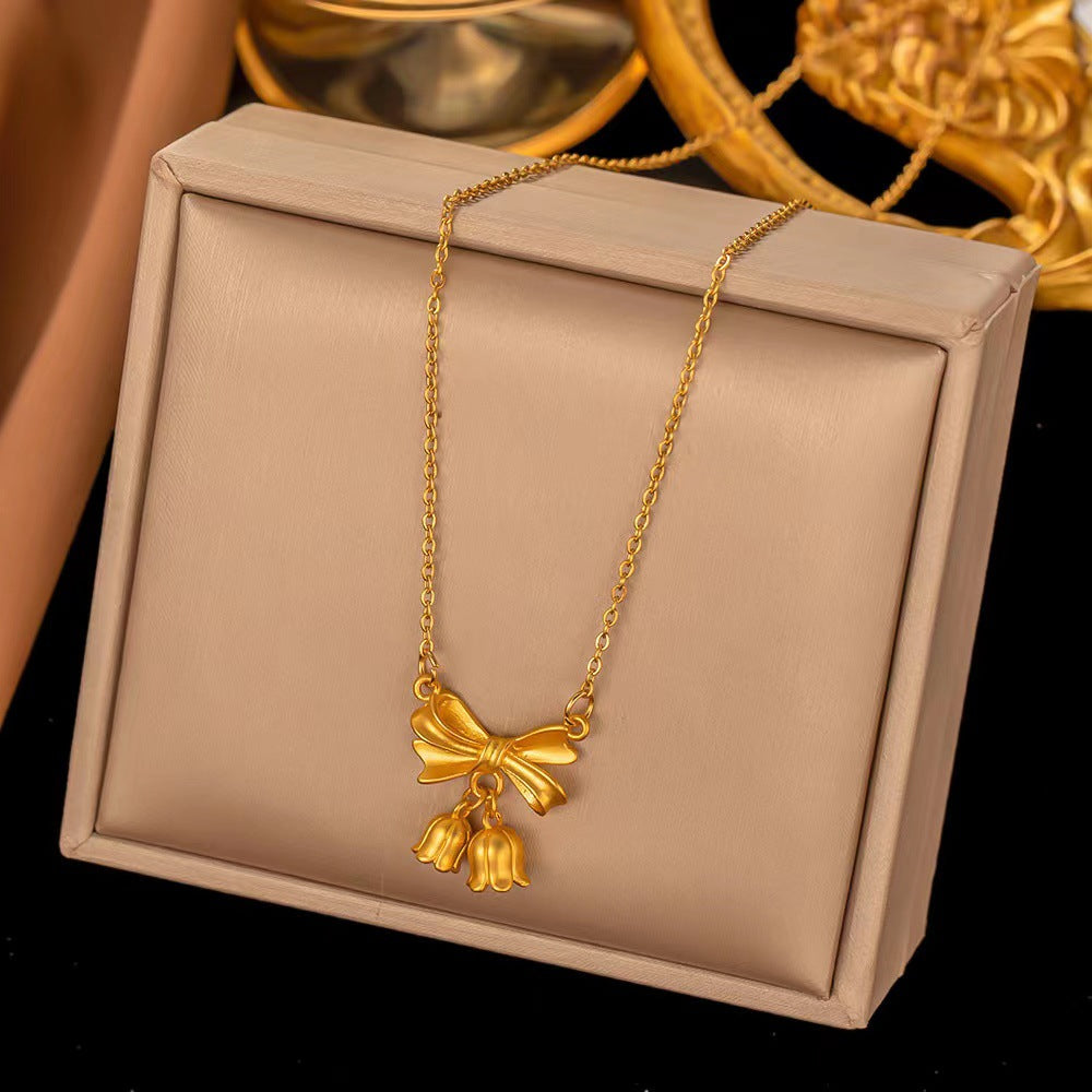 Original Design Floral Bow Knot Orchid Pendant Necklace for Women and Men in Titanium Steel with Plated Finish and O-Chain