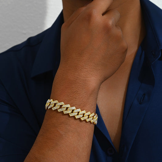 Pulsera de aleación geométrica minimalista con incrustaciones de diamantes de imitación para hombre con eslabones en forma de rombo y U incrustados de diamantes