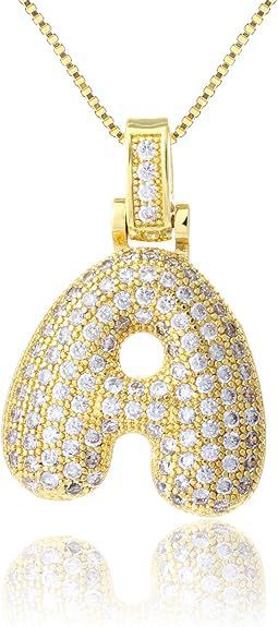 14K Gold Plated Brass Letter Pendant Necklace with Cubic Zirconia Inlay Box Chain for Women