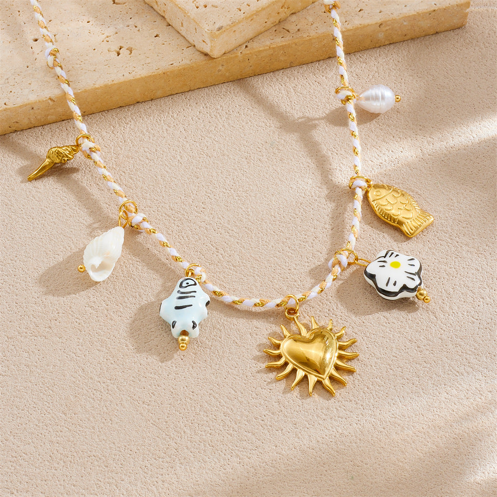 Chic Cartoon Painted Ceramic Fish and Flower Heart Stainless Steel Plated Necklace with Rope Chain for Women