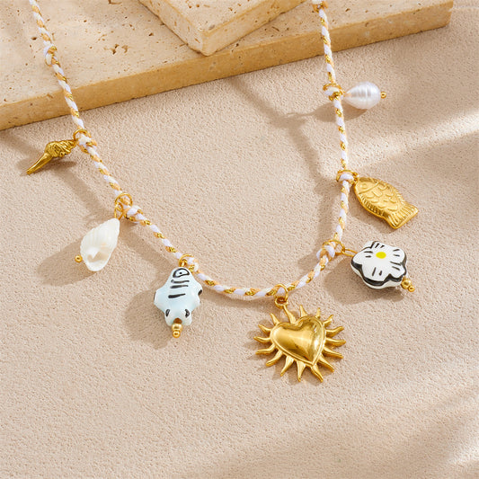 Chic Cartoon Painted Ceramic Fish and Flower Heart Stainless Steel Plated Necklace with Rope Chain for Women