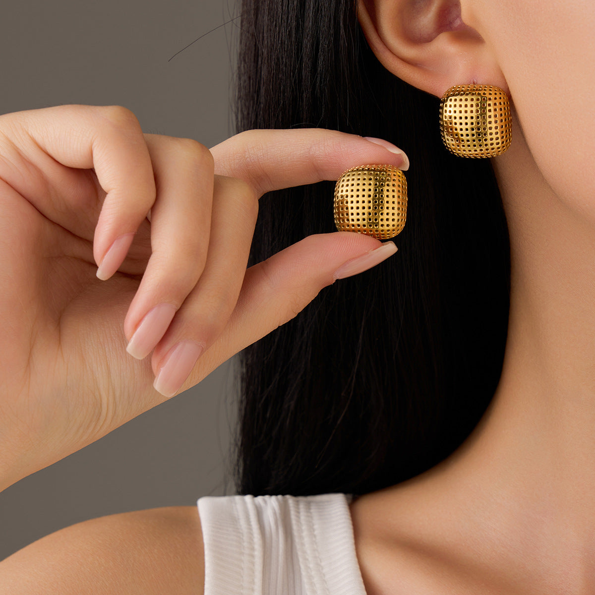 Minimalist Fashionable Square Stainless Steel Hollow Mesh Stud Earrings with Plating Finish for Women