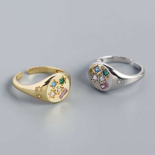 Minimalist Star-Shaped S925 Sterling Silver Ring with Micro-Paved Colored Zirconia for Women