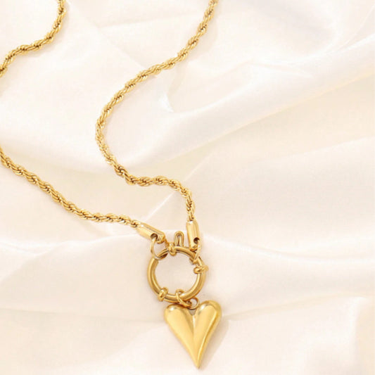 Elegant Heart-Shaped Pendant Necklace in Stainless Steel with Plated Finish and Square Pearl Chain for Women and Men