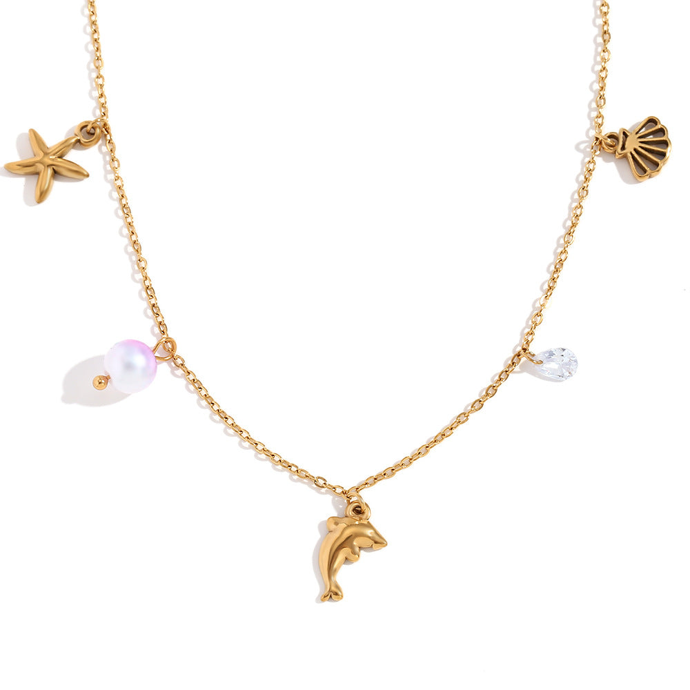Collar con Colgante de Acero Inoxidable de Inspiración Marina Vintage con Abalorios de Estrella de Mar y Delfín, Chapado en Oro de 18K, Accesorio de Moda Femenina
