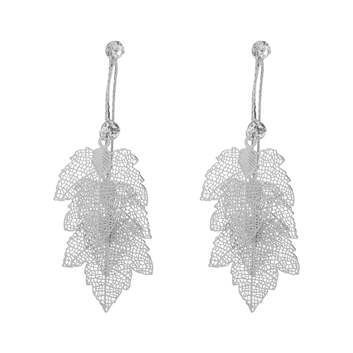 Pendientes Minimalistas Geométricos con Forma de Hoja, Textura Calada, Base de Hierro y Incrustaciones de Pedrería, Acabado Galvanizado para Mujer