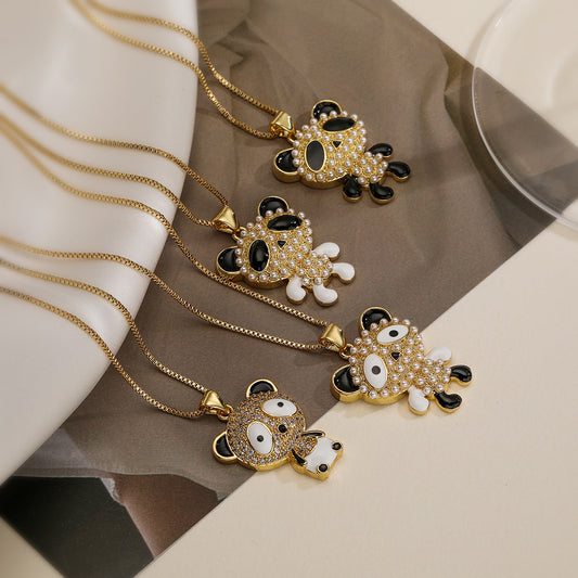 Collar con colgante de cobre con forma de oso minimalista lindo con perla con baño de oro genuino e incrustaciones de circonita para mujer