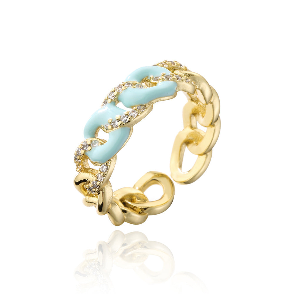 Anello aperto geometrico minimalista da donna in rame placcato oro 18 carati con zirconi micro-incastonati
