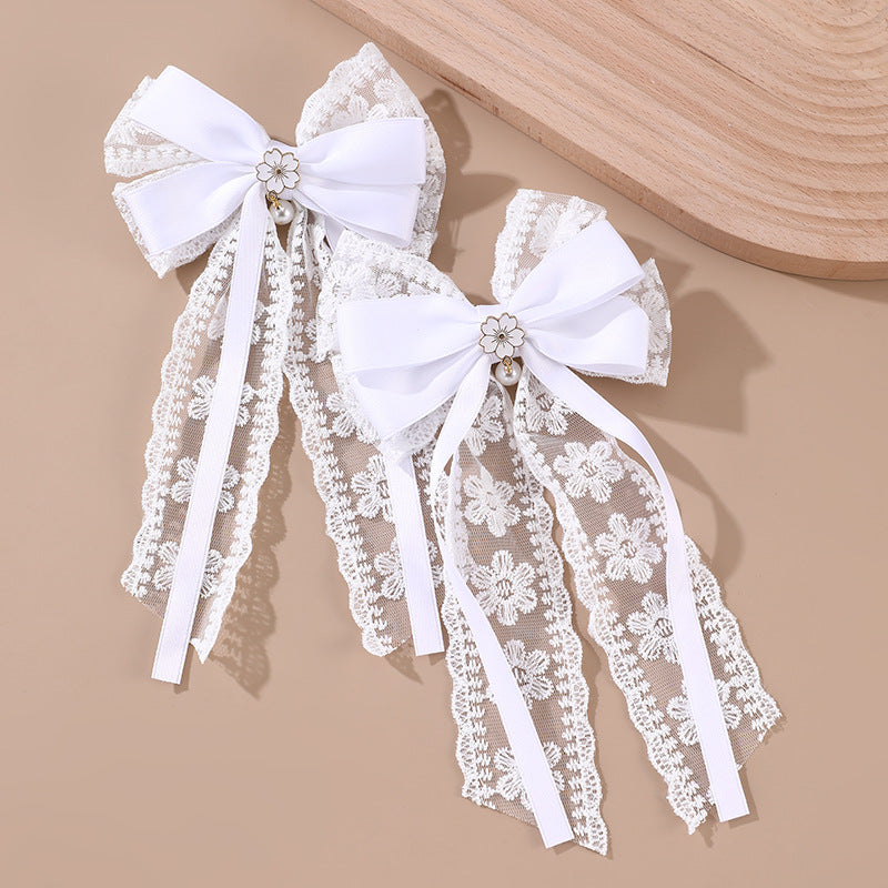 Natural Style Bow-Shaped Hair Clip for Girls with Ruffled and Mesh Details Made of Polyester Fabric
