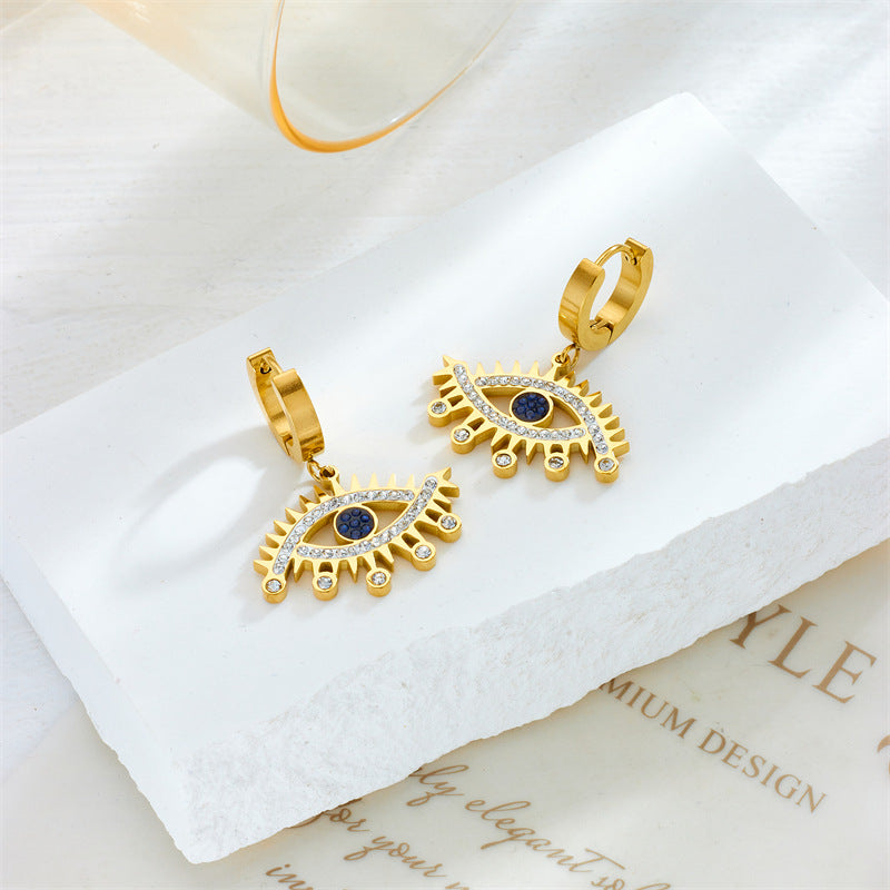 Fashionable Vintage Evil Eye Earrings with Rhinestone Inlay in Titanium Steel with Hollow Design for Women