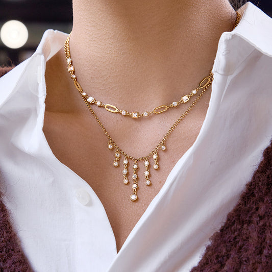 Collar Colgante Geométrico de Lujo con Rhinestones, Acero de Titanio Chapado en Oro de 18K PVD para Mujer