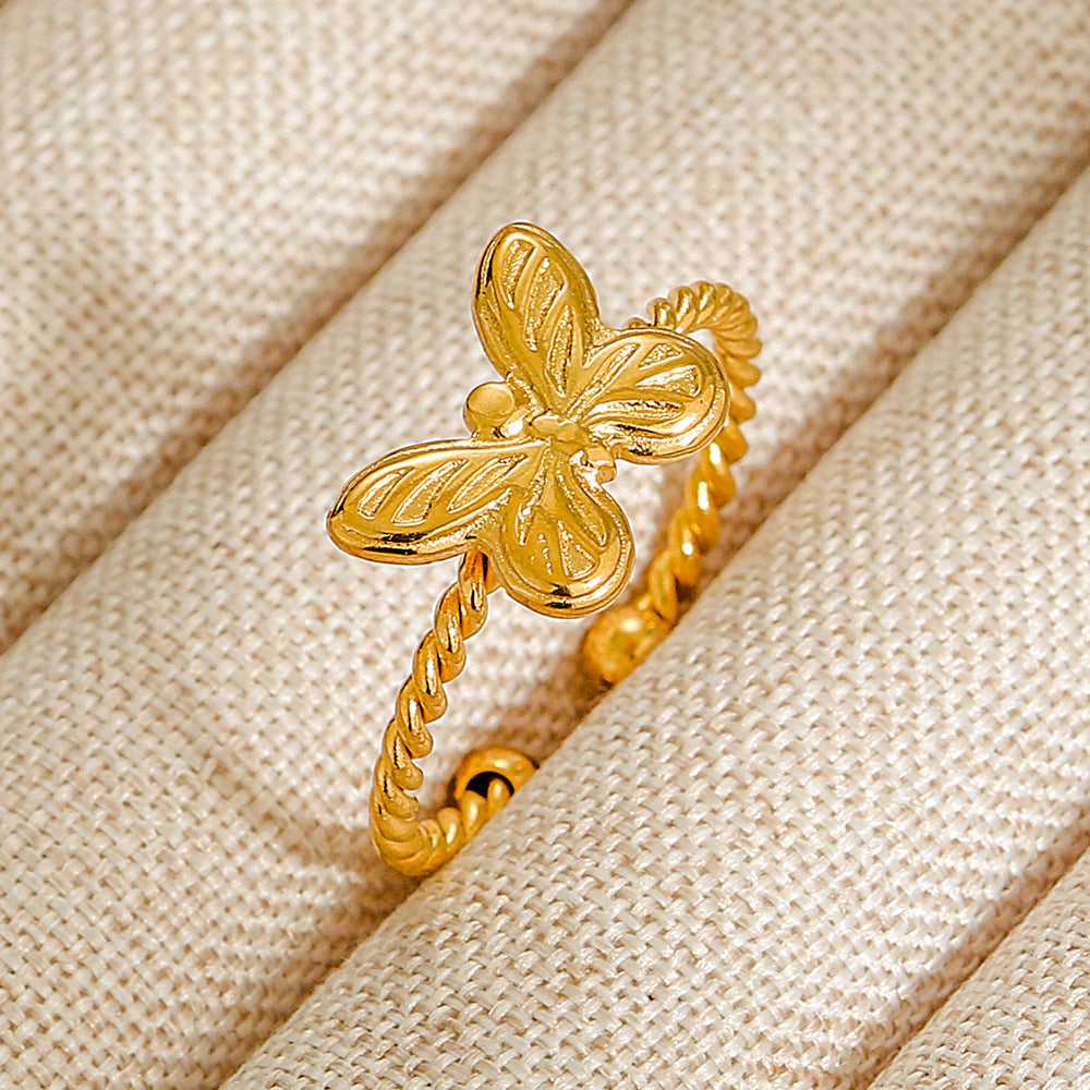 Vintage INS Style Stainless Steel Adjustable Ring with Natural Stone Inlay in Geometric Heart Zodiac and Animal Shapes