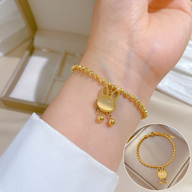 Minimalist Rabbit-Shaped Titanium Steel Bracelet with Gold Inlay and Wavy Texture for Women