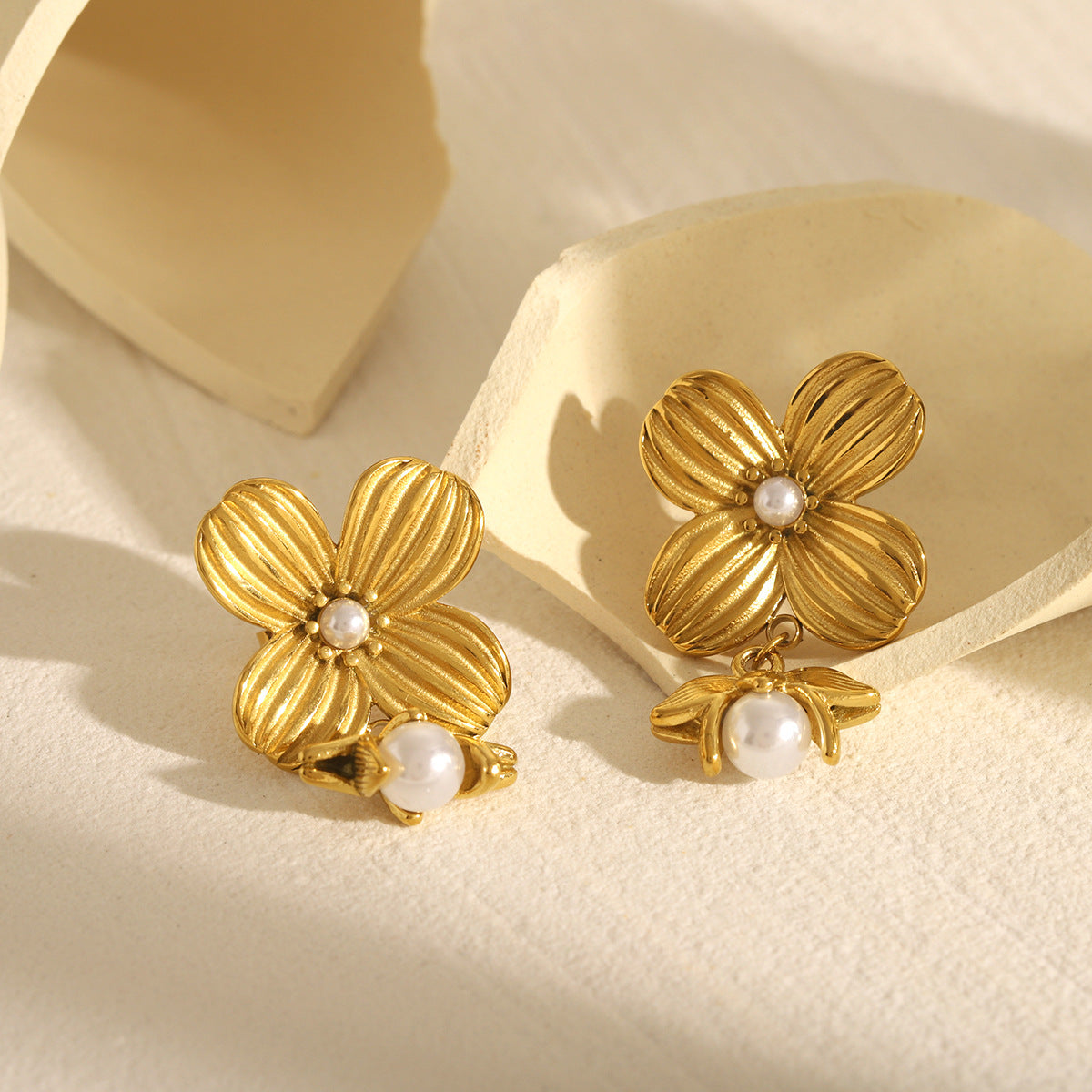Vintage Floral Geometric Stainless Steel Earrings with 18K Gold Plating and Pearl Accents for Women