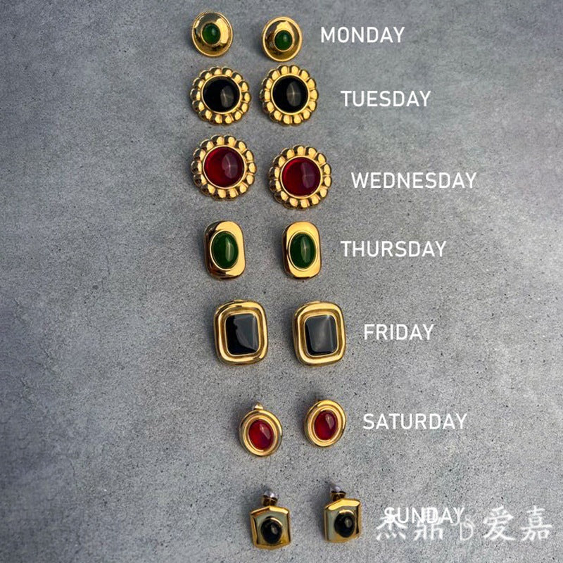 Vintage Luxury Geometric Round Agate Inlay Plated Stainless Steel Earrings for Women