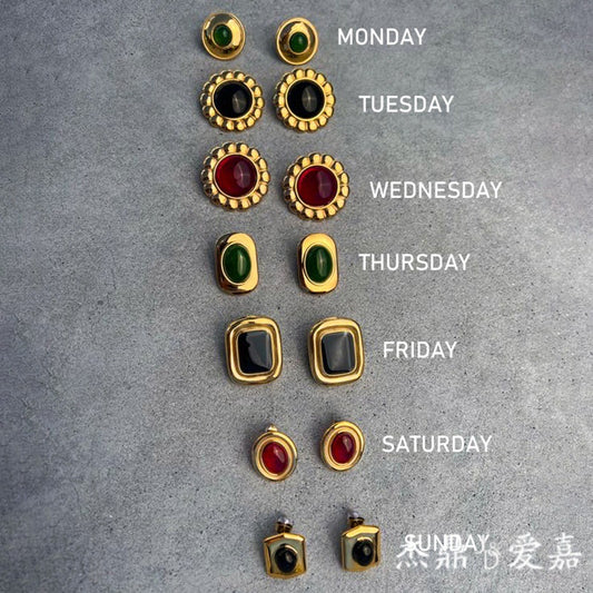 Vintage Luxury Geometric Round Agate Inlay Plated Stainless Steel Earrings for Women