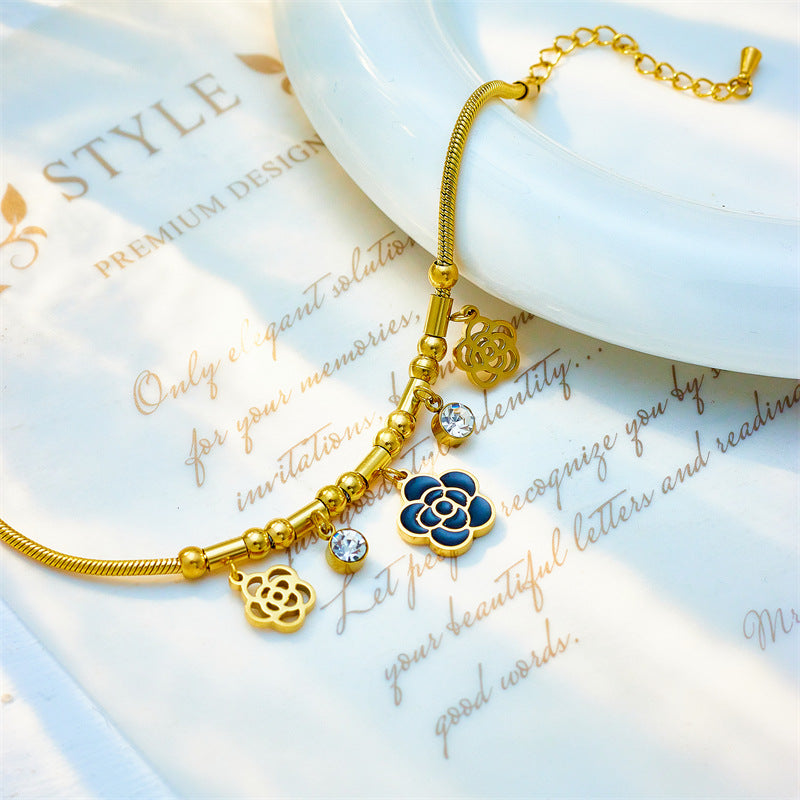 Minimalist French Vintage Camellia Pendant Hand Chain in Titanium Steel with Enamel and Rhinestone Accents