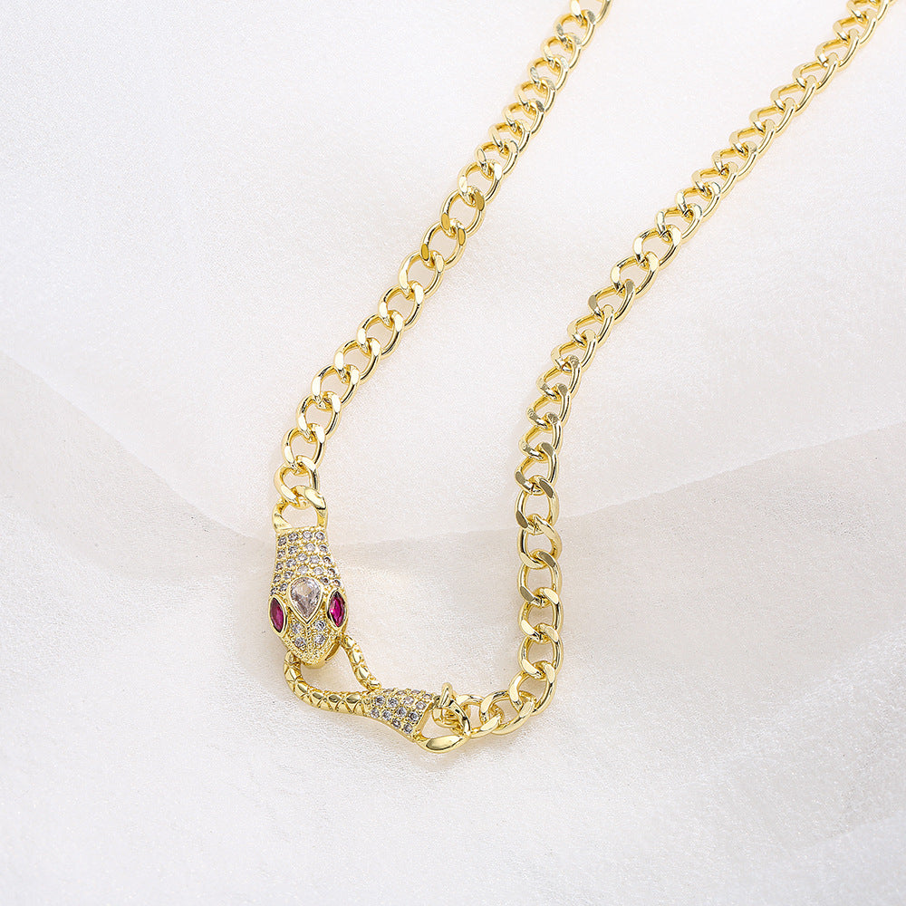 Collana minimalista geometrica serpente da donna in rame con placcatura in oro 18 carati e intarsio di zirconi
