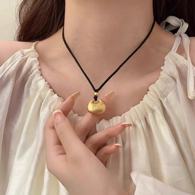 Original Design Feng Character Pendant Necklace for Women and Men in Titanium Steel with Plated Finish on Black Cord