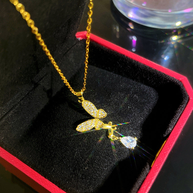 Sporty Sweet Micro-Set Cubic Zirconia Fruit Square Pendant Titanium Steel Cable Chain Necklace