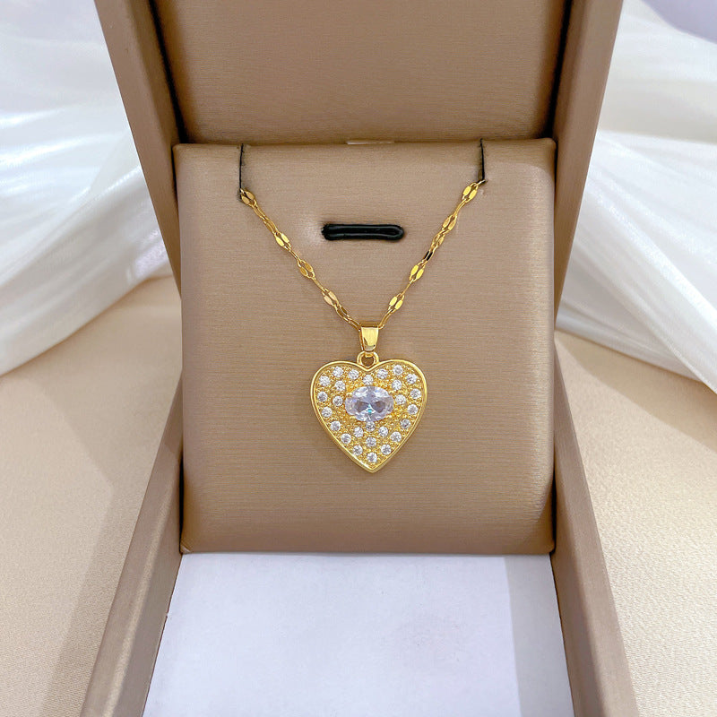 Minimalist Geometric Titanium Steel Necklace with Gold Plated Brass Pendant and Rhinestone Inlay