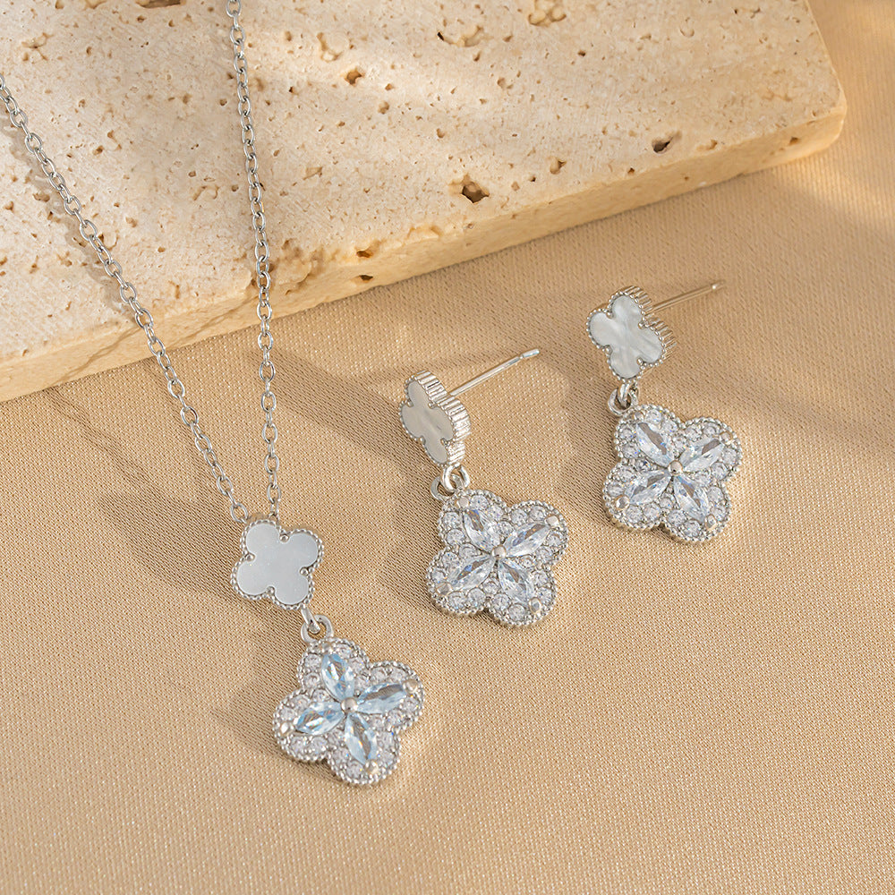 Elegant Four-Leaf Clover Earrings in Titanium Steel with Rhinestone Inlay for Women