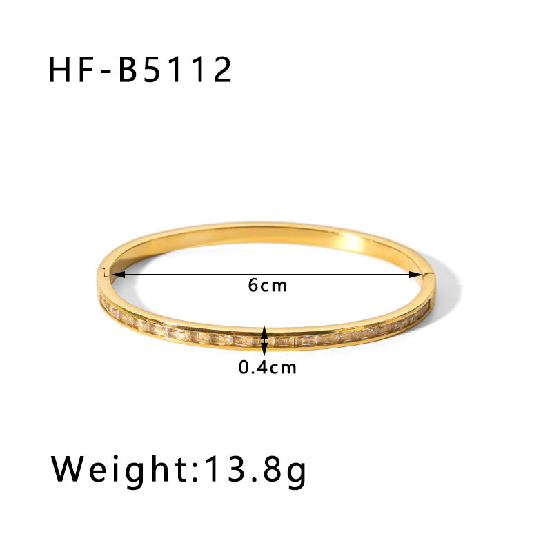Vintage-Inspired Titanium Steel Cuff Bracelet with Zircon Inlay, Asymmetrical Design, Vacuum-Plated 18K Gold Finish for Women