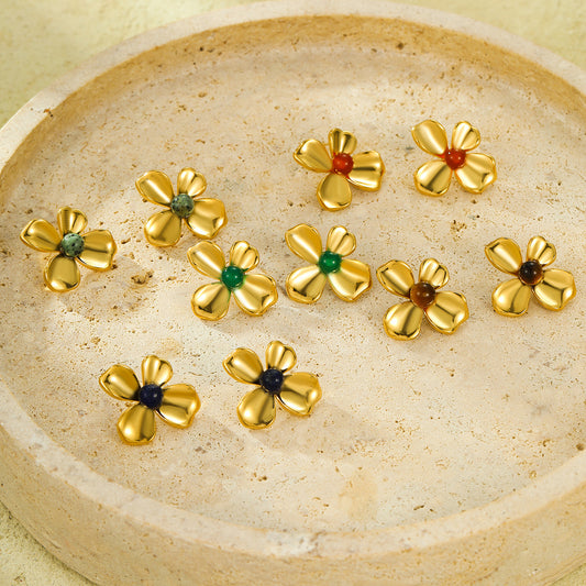 Pendientes minimalistas de acero inoxidable con forma de pétalo e incrustaciones de piedra natural para mujer