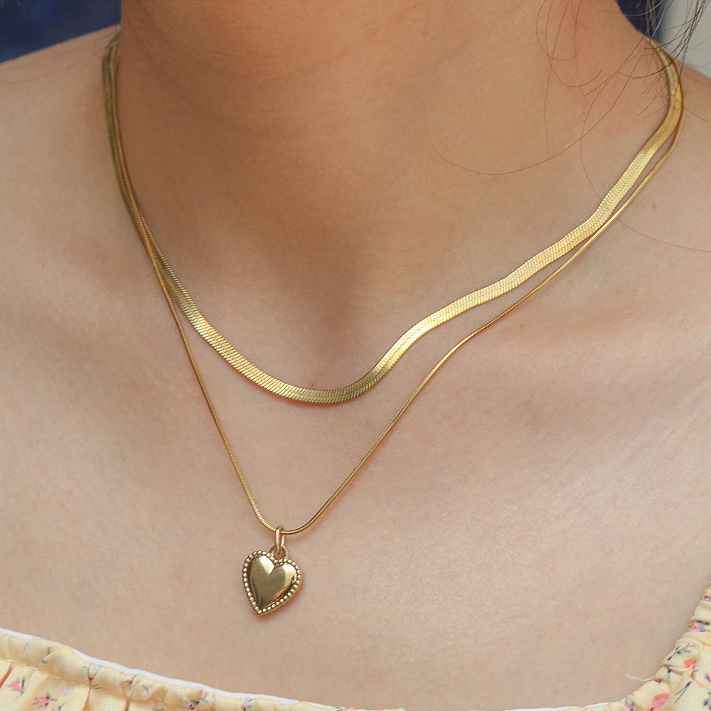 Minimalist Double Layer Heart Pendant 18K Gold Plated Titanium Steel Snake Chain Necklace for Women