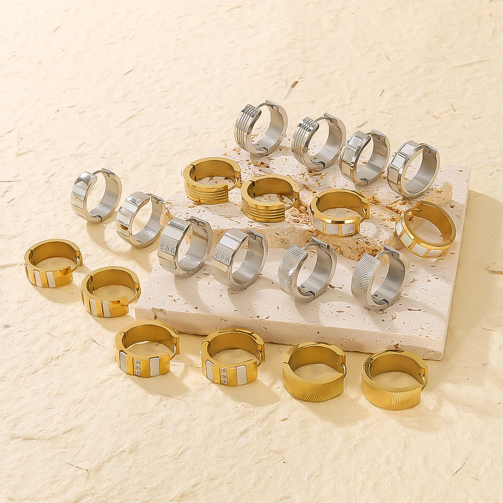 Minimalist Geometric Stainless Steel Hoop Earrings with Zircon Inlay and 18K Gold Vacuum Plating for Women