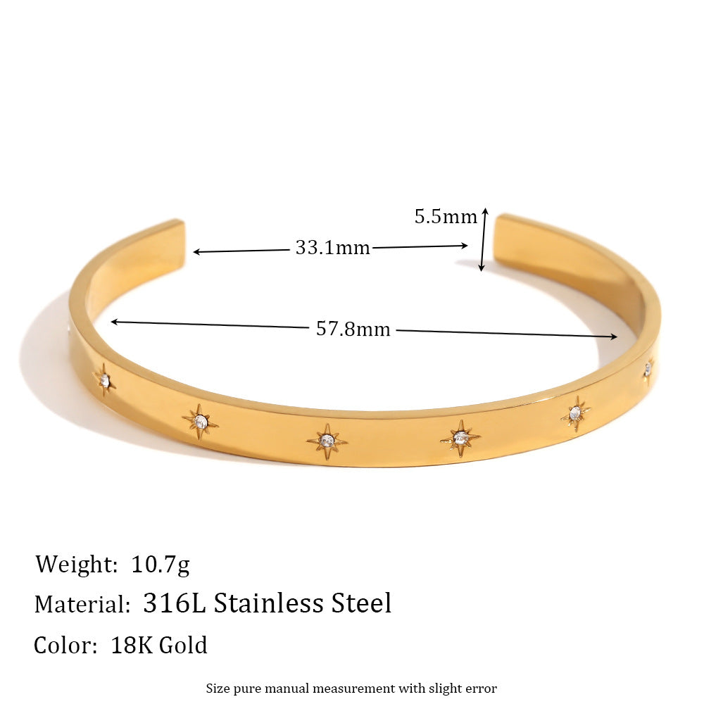 Vintage Minimalist Stainless Steel Plated 18K Gold Open Octagram Zirconia Bracelet