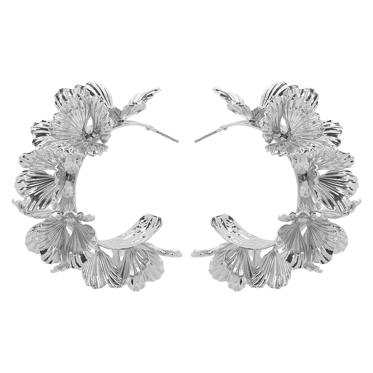 Elegantes Pendientes de Aro Geométricos 3D Apilados con Flores para Mujer con Acabado de Hierro Galvanizado
