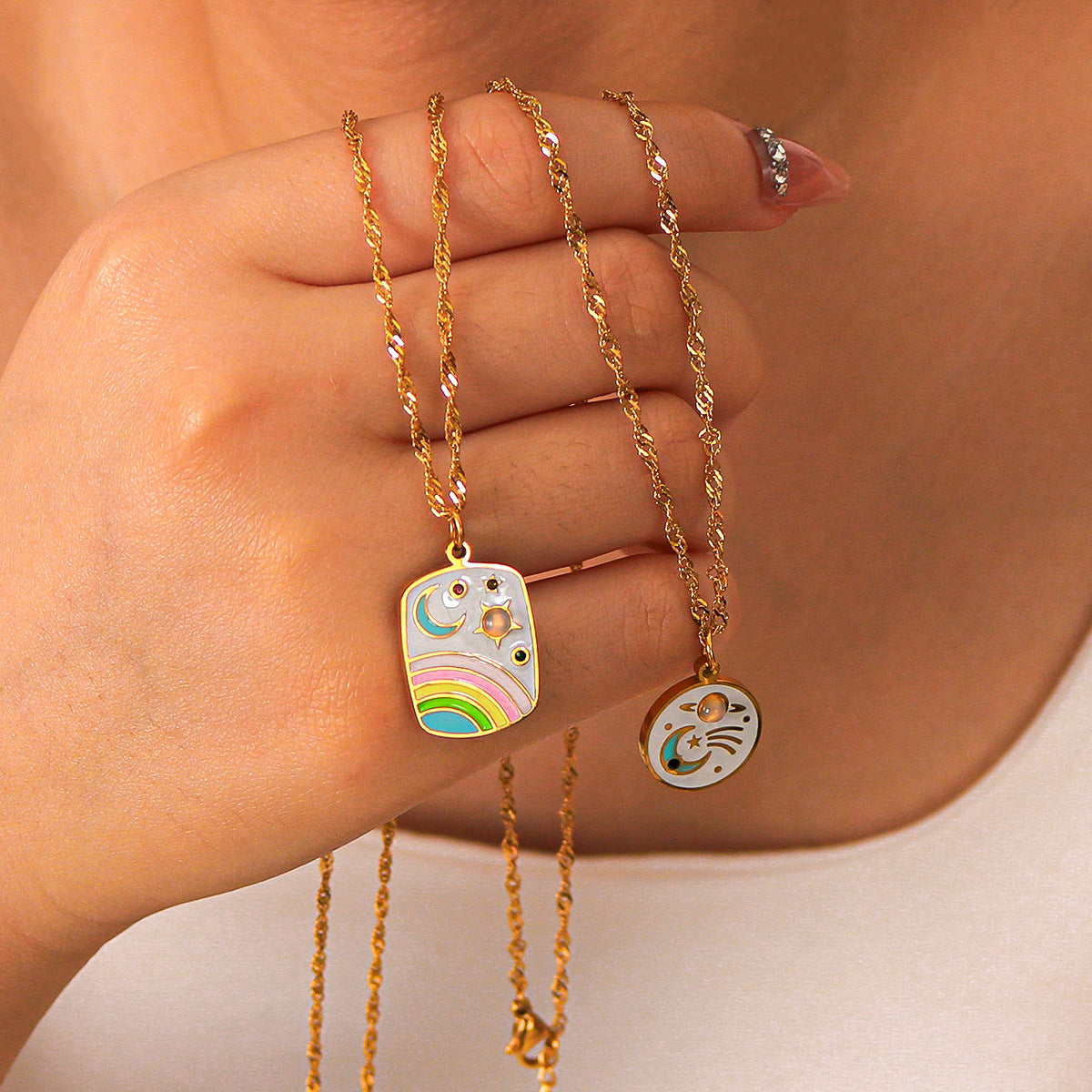 Vintage Stainless Steel Enamel-Painted Star and Moon Pendant Necklace with Cat's Eye Inlay for Women