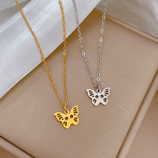 Minimalist Butterfly Pendant Necklace for Women in Titanium Steel with Gold Plating and Geometric Design