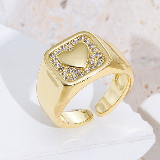 Geometric Open Heart Ring for Women in Copper with 18K Gold Plating and Zircon Inlay, Minimalist Vintage Style