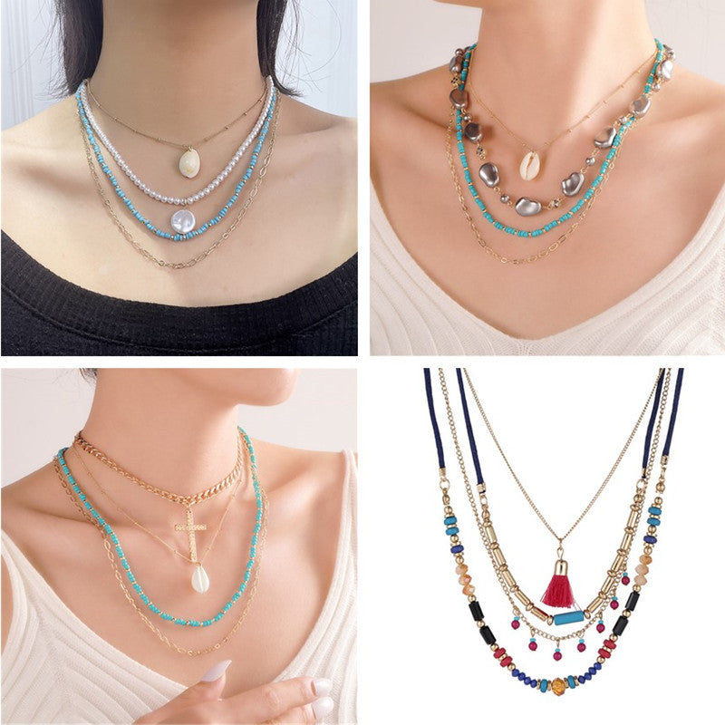Vintage Geometric Handmade Beaded Multi-Layer Necklace