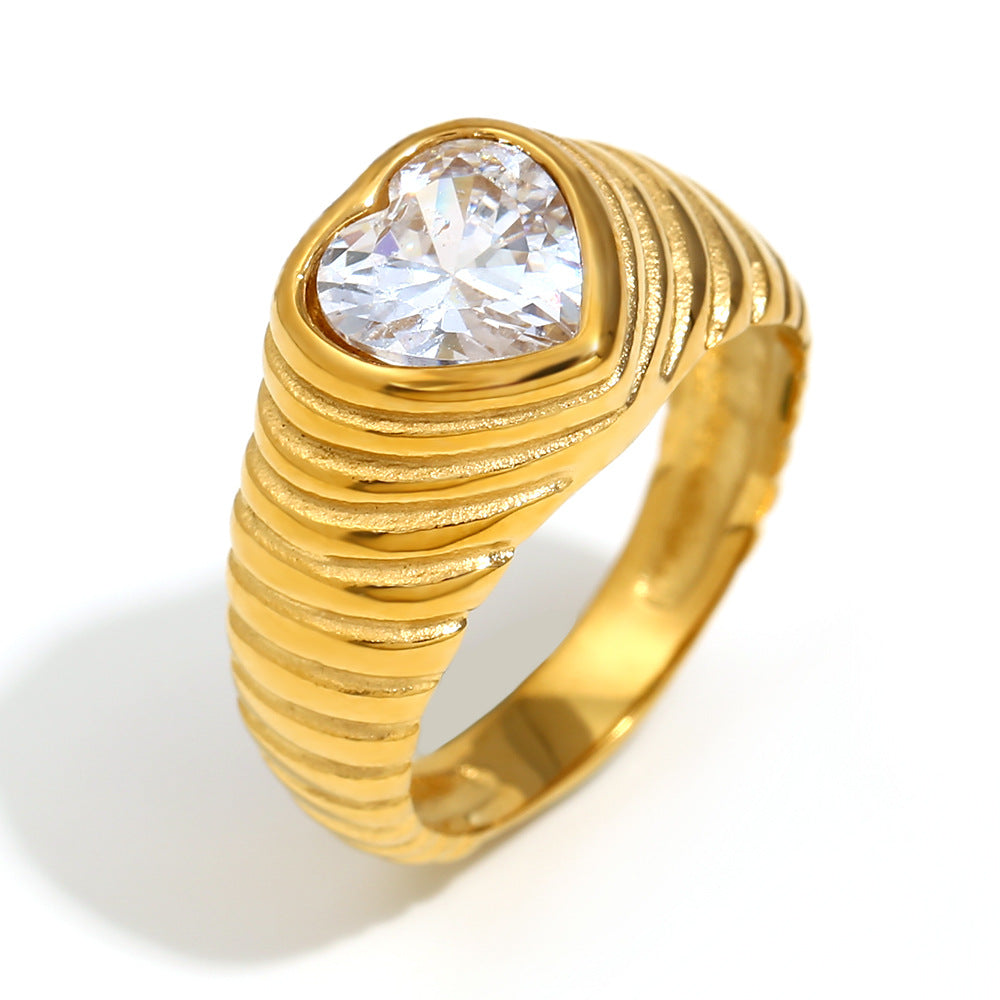 Anello a filo da donna minimalista, geometrico, in acciaio inossidabile placcato oro 18 carati con zircone a forma di cuore